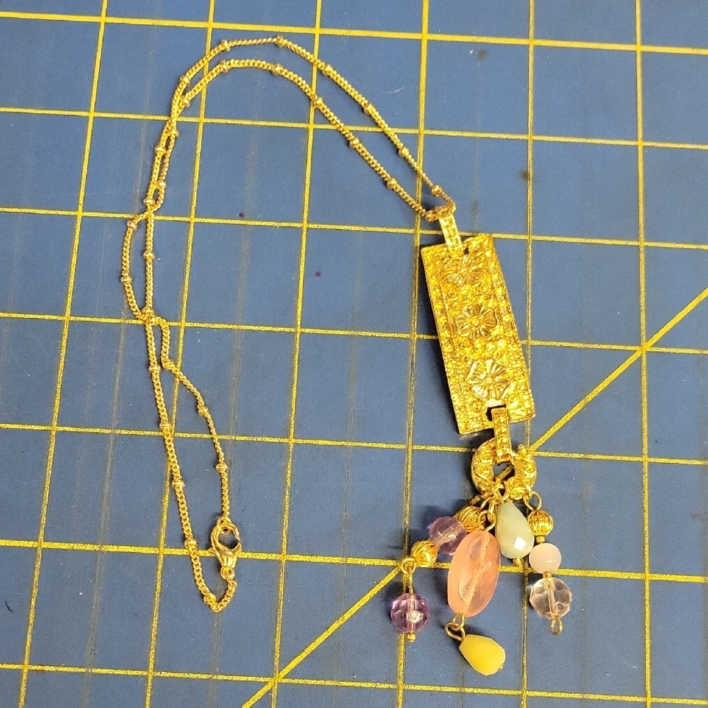 Flower Gold Tone Beaded Tassel Floral Bar Pendant 20" Necklace